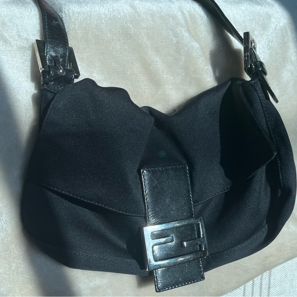 FENDI Black Satin and Leather Hobo Shoulder Bag. Baguette style Purse. - Picture 1 of 9